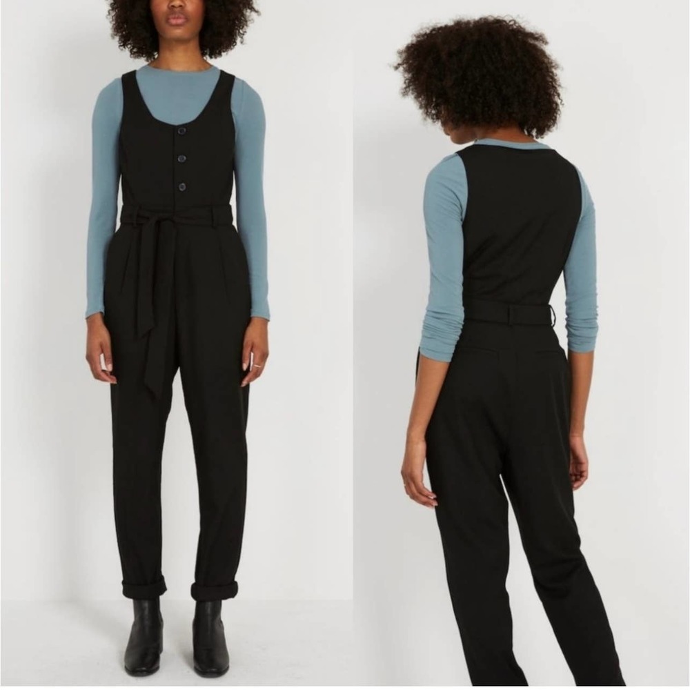 Frank & Oak Jumpsuit Women XS True Black Sleeveless Button Front Tie Waist NWT